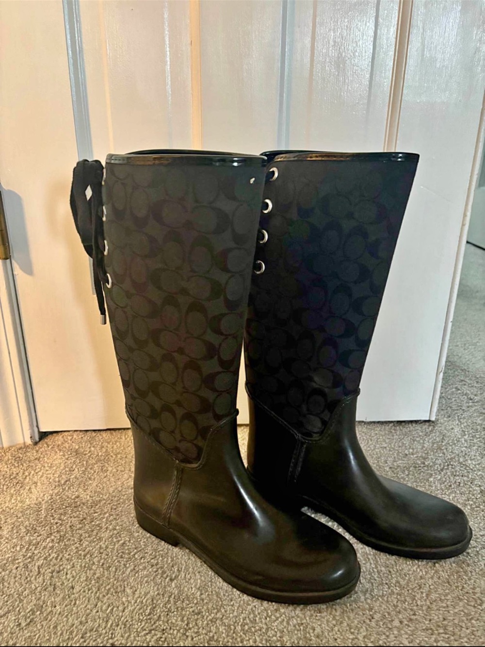 Coach Black Signature Knee-High Lace-Up Rain Boots